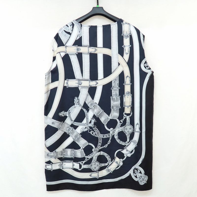 Hermes Sleeveless Tunic Silk Belt Pattern 42 Navy-white Black Tops