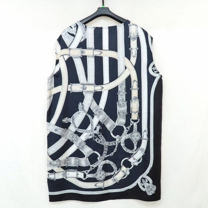Hermes Sleeveless Tunic Silk Belt Pattern 42 Navy-white Black Tops