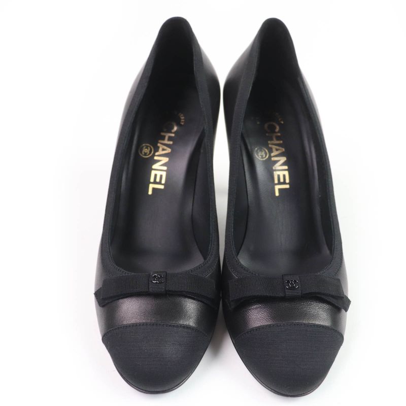 CHANEL 09A G26728y01590 Coco Mark Ribbon Satin Switch Leather Pumps Black 35.5