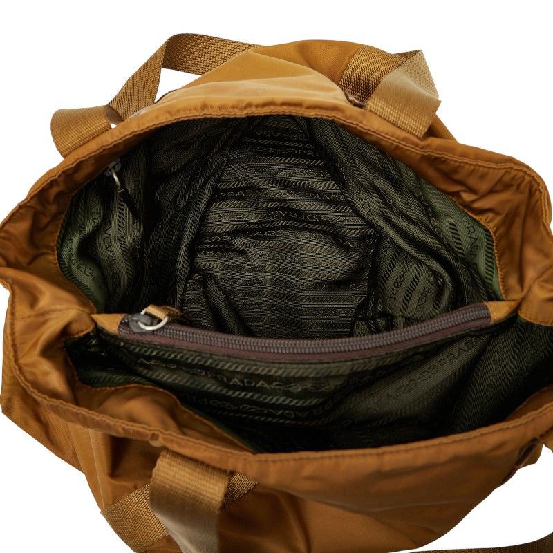 Plat Da Triangle Logo Plate Tote Shoulder Bag Brown Nylon Leather Women Prada