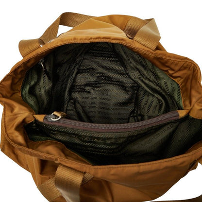 Plat Da Triangle Logo Plate Tote Shoulder Bag Brown Nylon Leather Women Prada