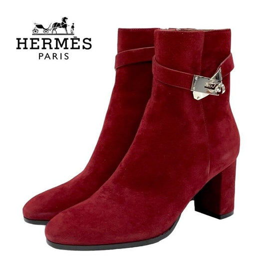 Hermes Saint Germain Boots Short Shoes Kelly Hardware Suede Red Silver
