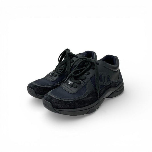 Chanel Sneakers Shoes Leather Fabric Suede Black CC Logo