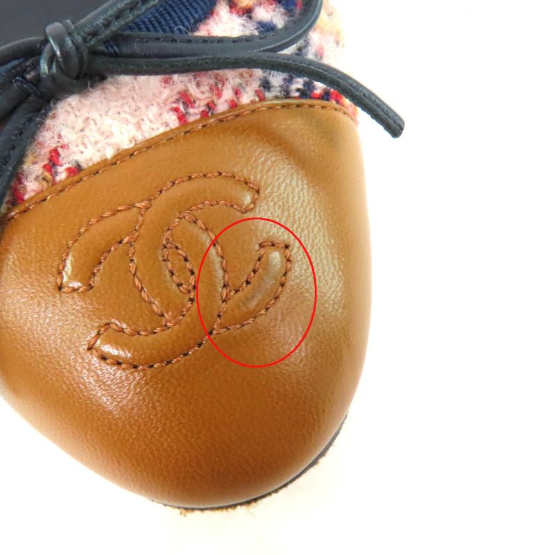 CHANEL Ballerina With Coco Mark Ribbon Leather Use Tweed Flat Pumps Multi 35.5