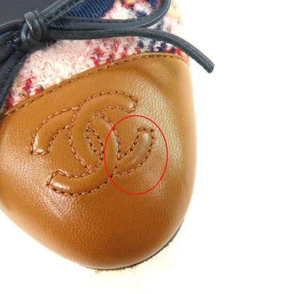 CHANEL Ballerina With Coco Mark Ribbon Leather Use Tweed Flat Pumps Multi 35.5