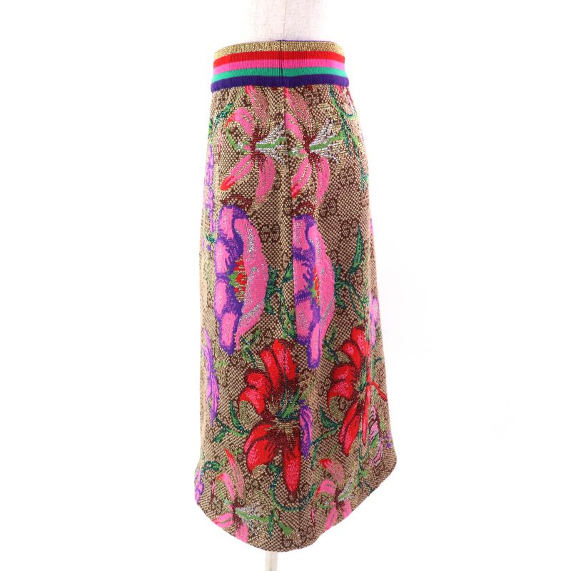 Gucci 606084 Wool Cotton GG Floral Design Lamé Yarn Knit Tight Skirt Multicolor