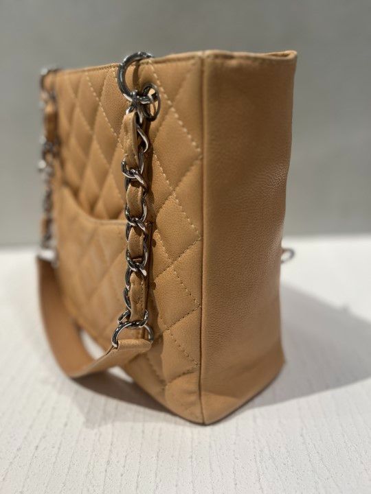 Chanel Caviar Skin PST Beige Coco Mark Chain Tote Bag 12s