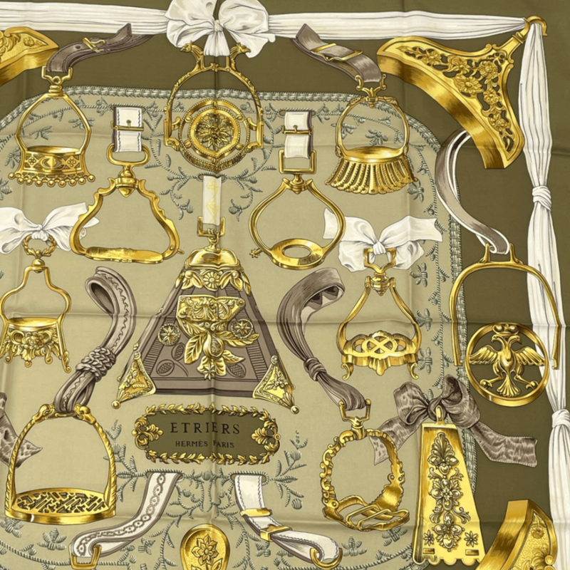 Hermes Carre 90 Etriers Scarf With Stirrup And Harness Pattern Silk Brown