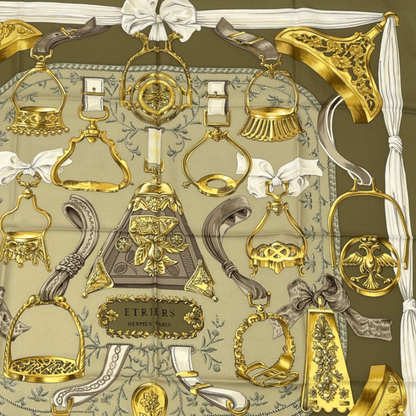 Hermes Carre 90 Etriers Scarf With Stirrup And Harness Pattern Silk Brown