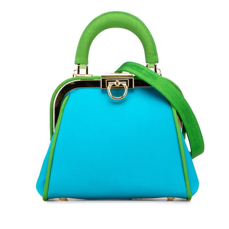 Dior Gusset Shoulder Bag 2-Way Blue Green Satin Canvas