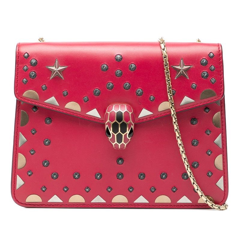 Bvlgari Serpenti Studded Chain Shoulder Bag Pink Gold Leather
