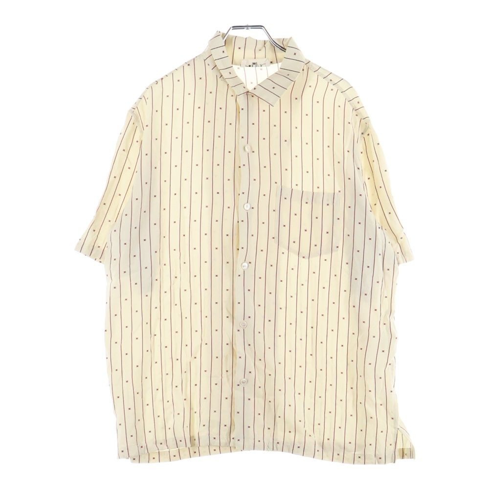 Celine Triomphe Print Allover Striped Open Collar Short Sleeve Shirt Beige