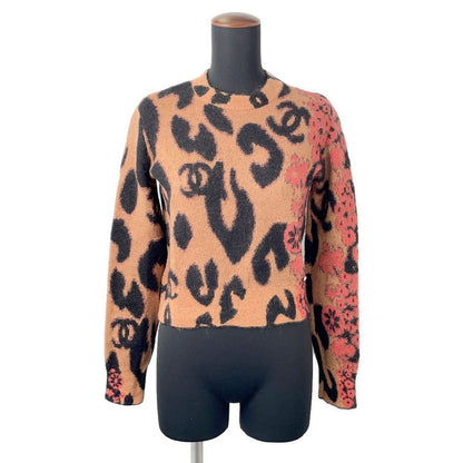 Chanel Knit Leopard Sweater Cashmere Mohair Thigh 36 Top Brown Black Pink
