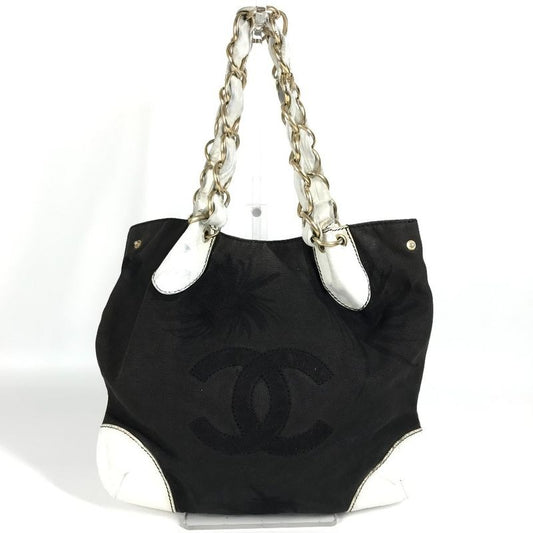 Chanel Shoulder Bag CC Bicolor Leather Canvas Black