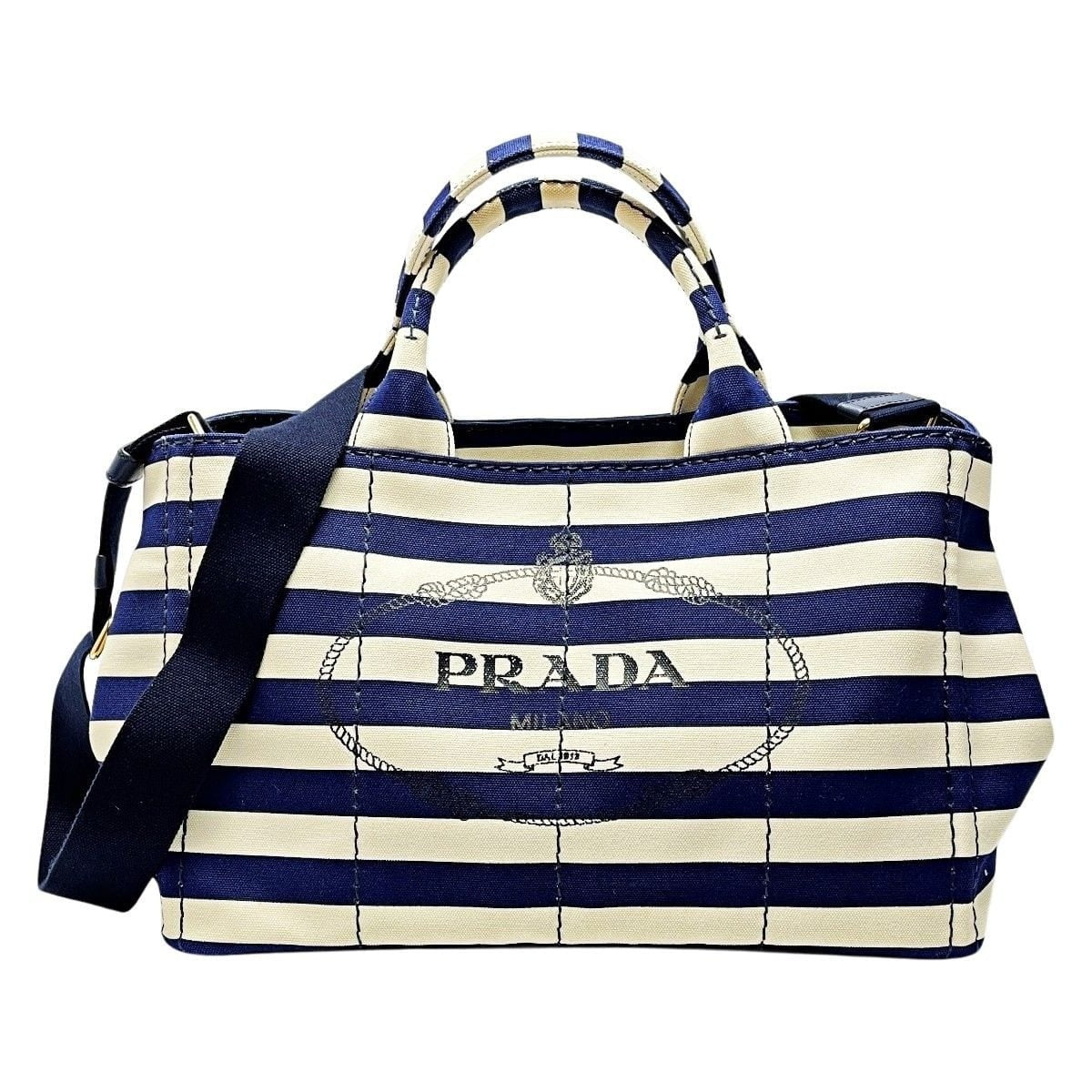Prada Canapa B2642 B Navy Ivory Tote Canvas