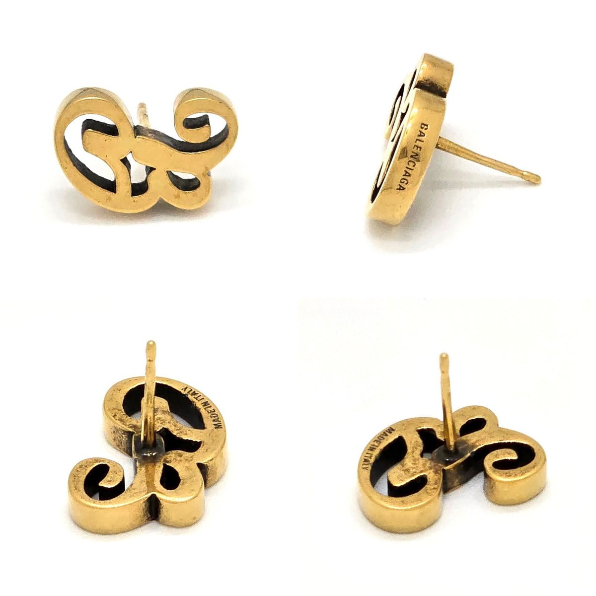 Balenciaga Typo B Stud Earrings Antique Gold Tone Brass — view 6