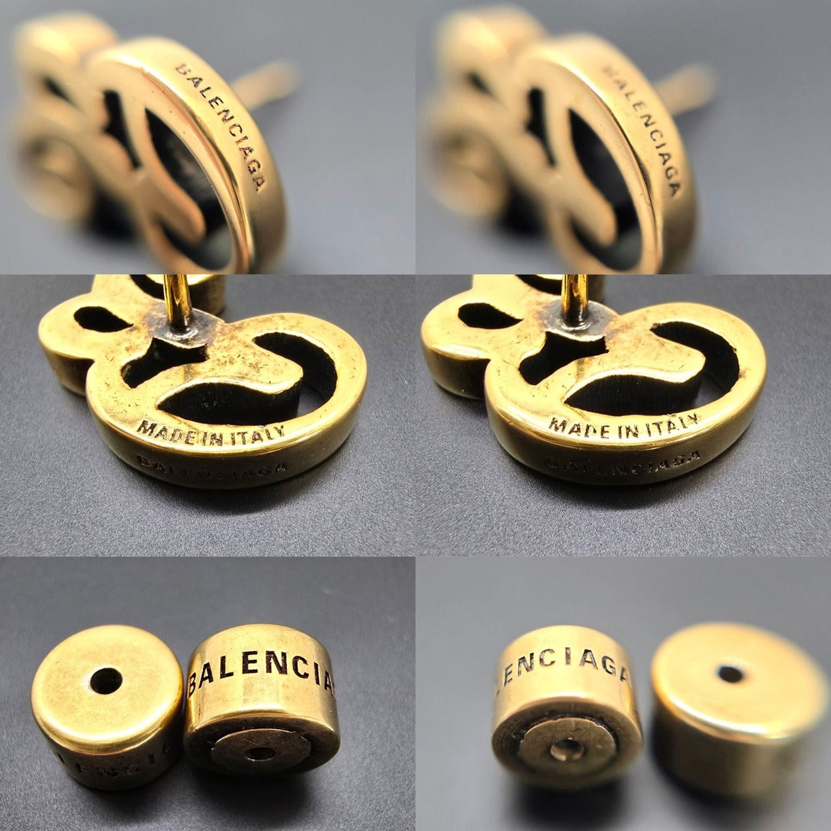 Balenciaga Typo B Stud Earrings Antique Gold Tone Brass — view 8