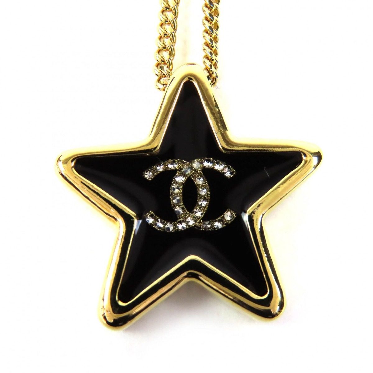 Chanel Crystal CC Logo Star Necklace Pendant Gold Black