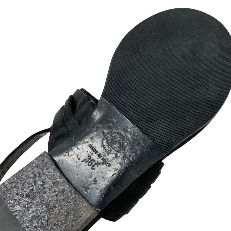 Chanel Sandals Shoes Satin Black Gold Here Mark Rhinestone Thong Flat