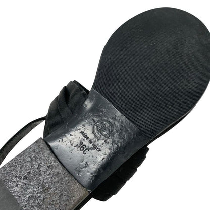 Chanel Sandals Shoes Satin Black Gold Here Mark Rhinestone Thong Flat