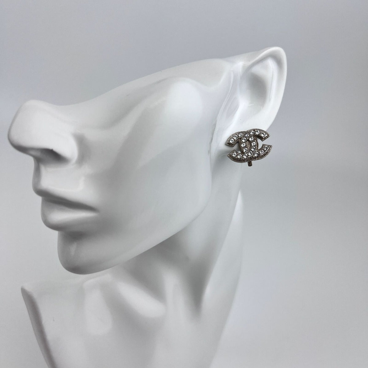 Chanel CC Logo Rhinestone Earrings Silver Vintage