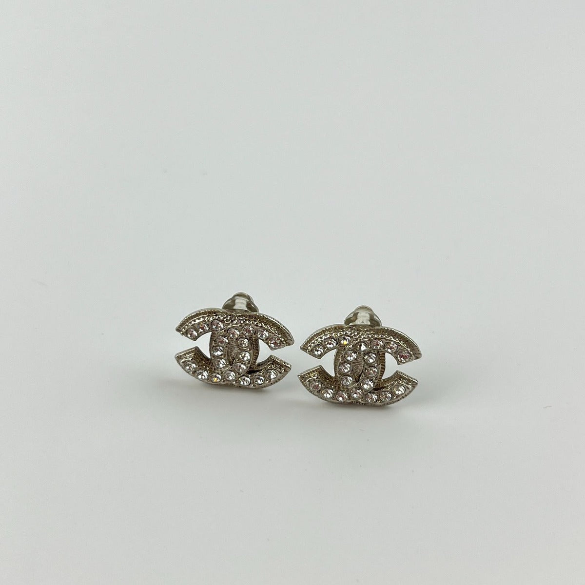 Chanel CC Logo Rhinestone Earrings Silver Vintage — view 3