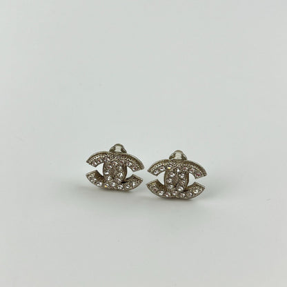 Chanel CC Logo Rhinestone Earrings Silver Vintage — view 3