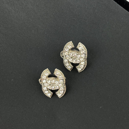 Chanel CC Logo Rhinestone Earrings Silver Vintage — view 4