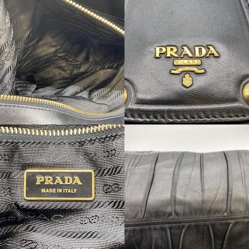 Prada Tote Handbag Gather Leather Black Vintage Ladies Men Fashion Gift