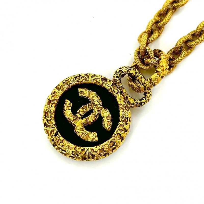 Chanel Necklace Coco Lava Magma Long Gold GP 93 A Black