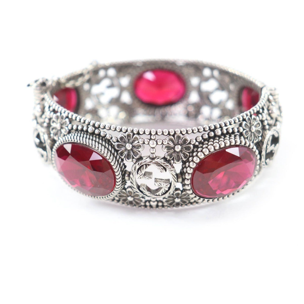 Gucci 925 Interlocking Flower Bangle with Colored Stones Silver Red 17 Total