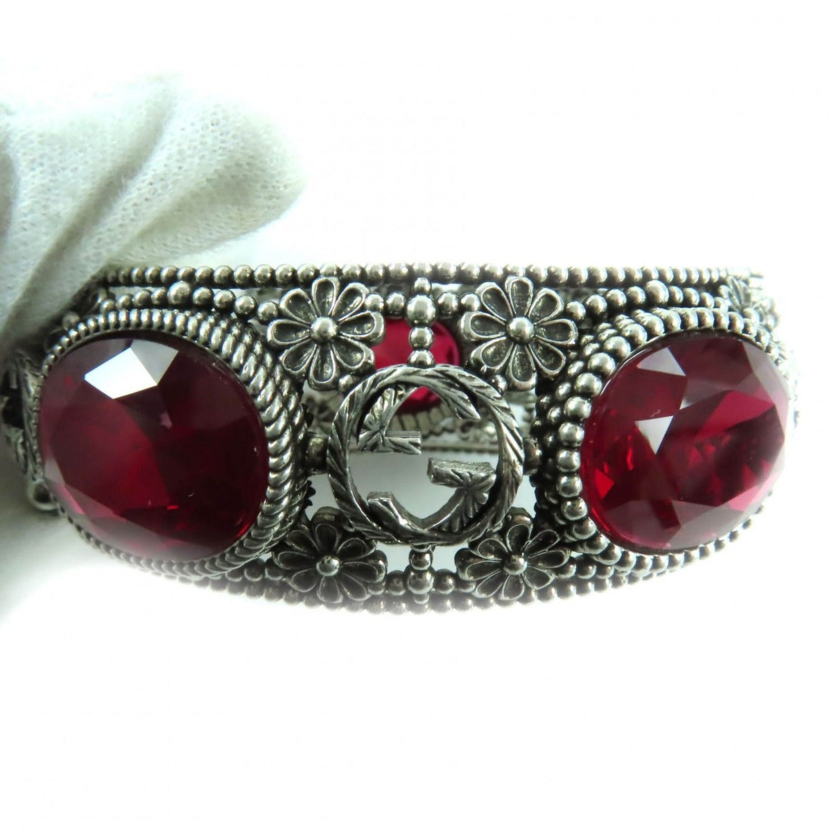 Gucci 925 Interlocking Flower Bangle with Colored Stones Silver Red 17 Total — view 6