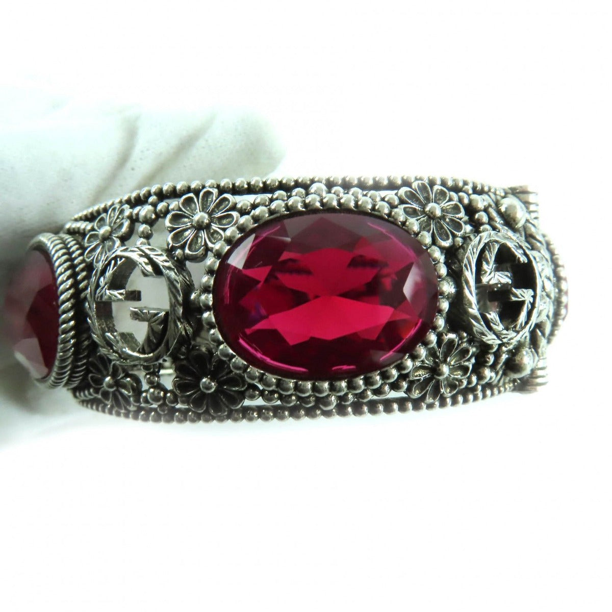 Gucci 925 Interlocking Flower Bangle with Colored Stones Silver Red 17 Total — view 7