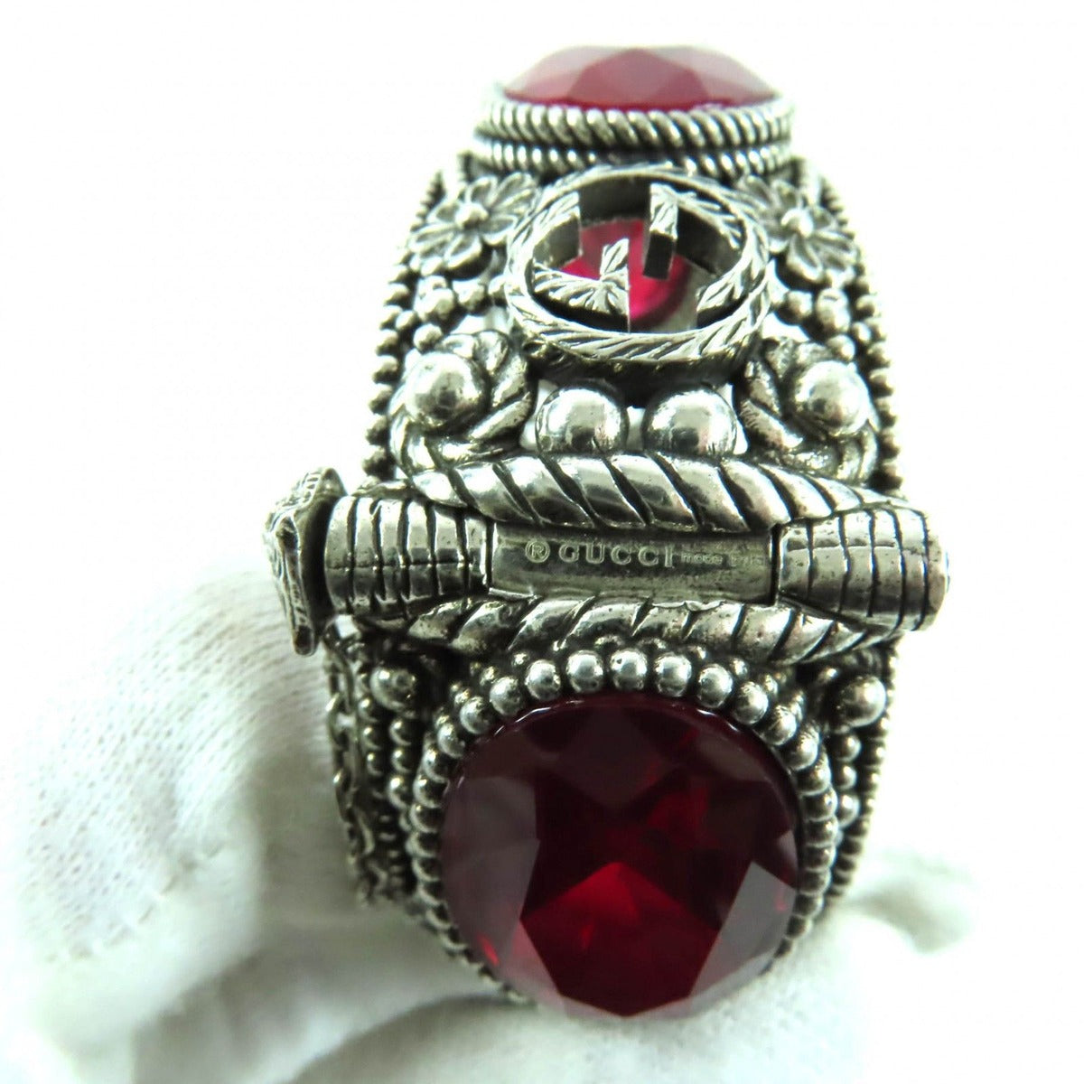 Gucci 925 Interlocking Flower Bangle with Colored Stones Silver Red 17 Total — view 9