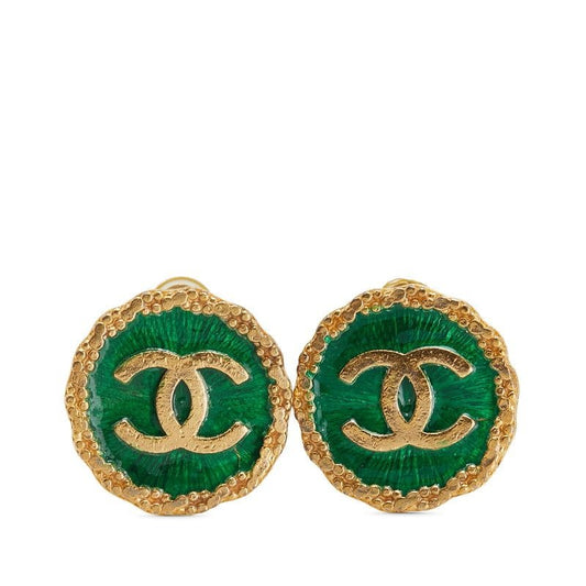 Chanel Vintage Earrings Coco Mark Round Gold Green Plated