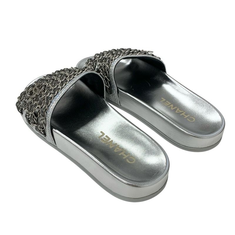 Chanel Sandals Shoes Leather Silver Coco Mark Chain Flat Mule