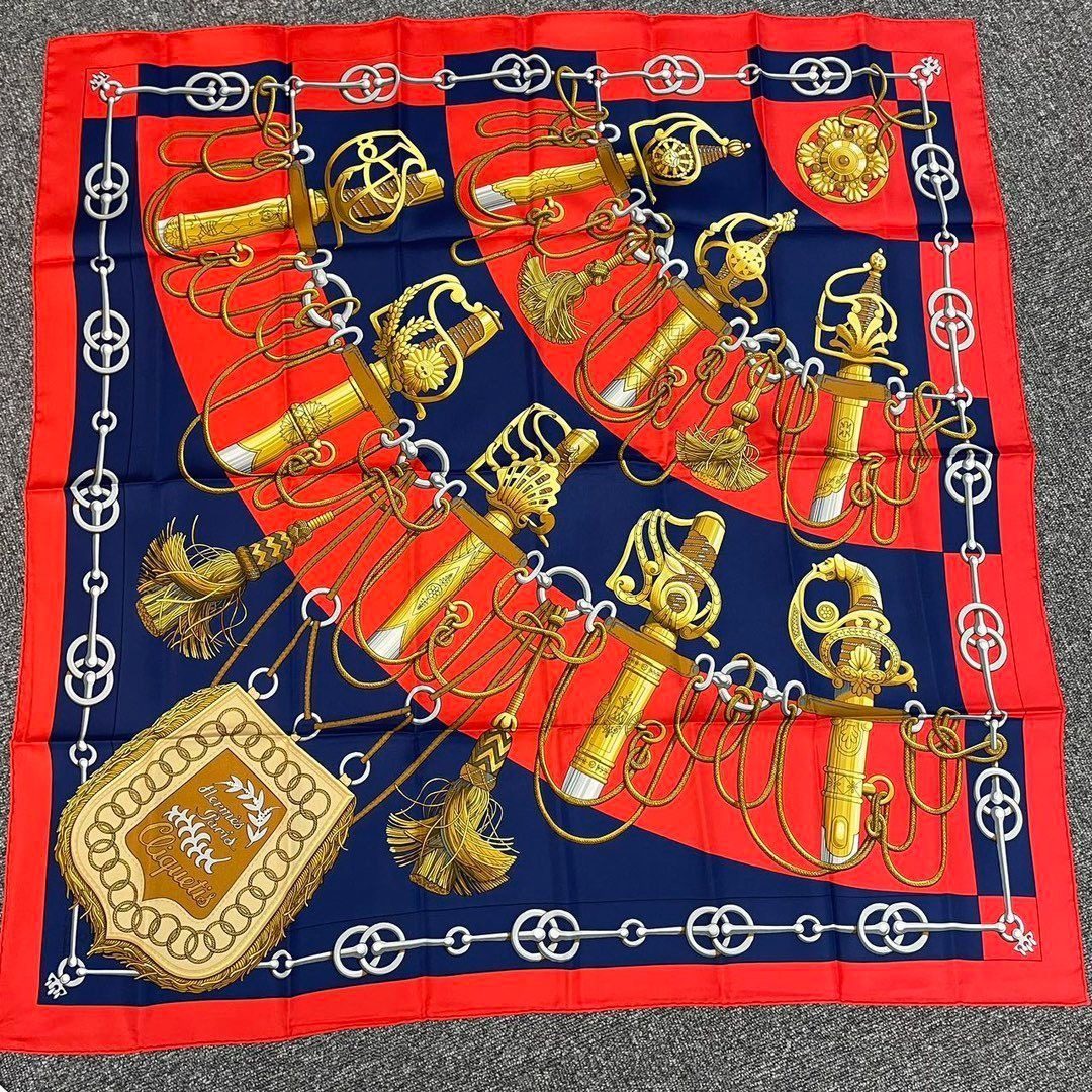 Hermes Scarf Carre 90 Cliquetis Ticking Sword Pattern Navy Red Gold Silk