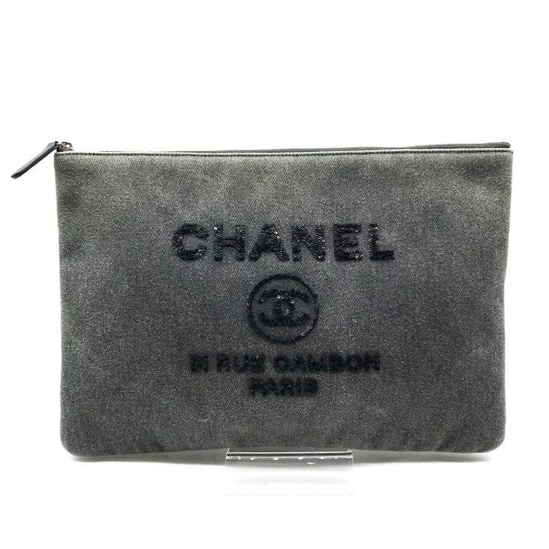 Chanel CC Logo Deauville Denim Sequin Clutch Gray Jeans