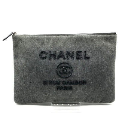 Chanel CC Logo Deauville Denim Sequin Clutch Gray Jeans