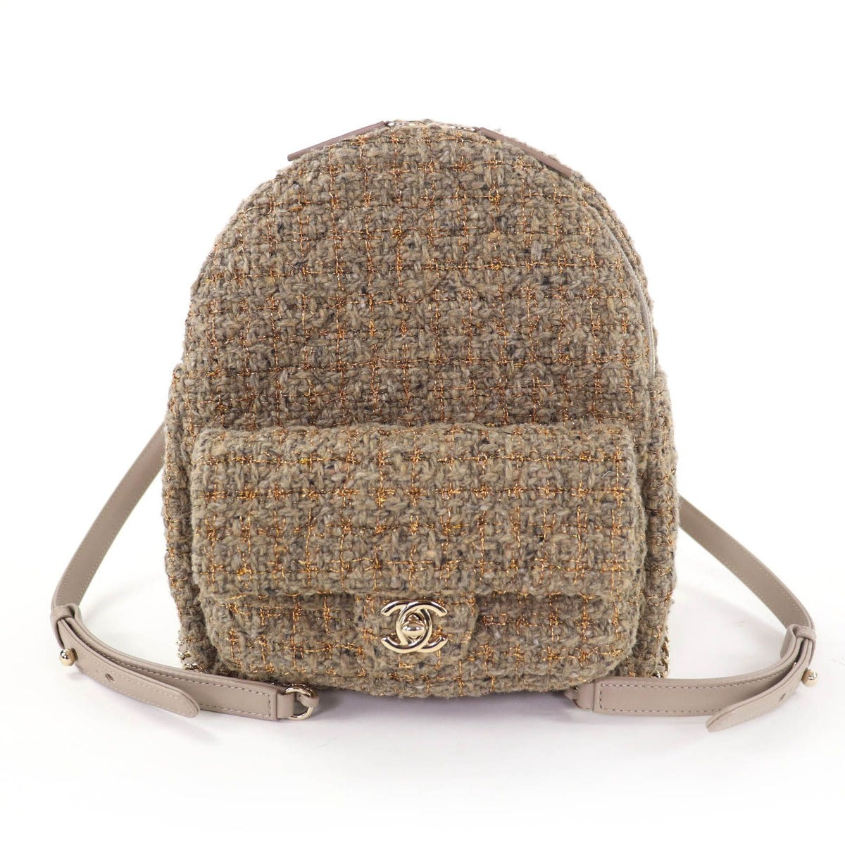 Chanel CC Logo Turnlock Quilted Tweed Chain Shoulder Leather Backpack