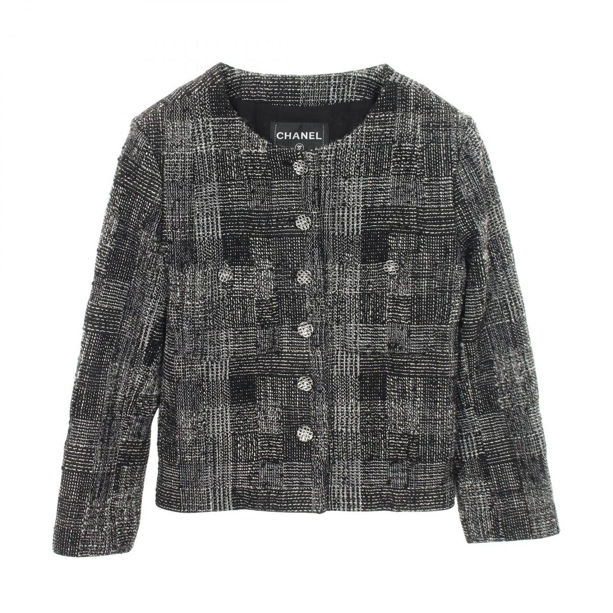 Chanel Collarless Jacket CC Logo Button Tweed Wool
