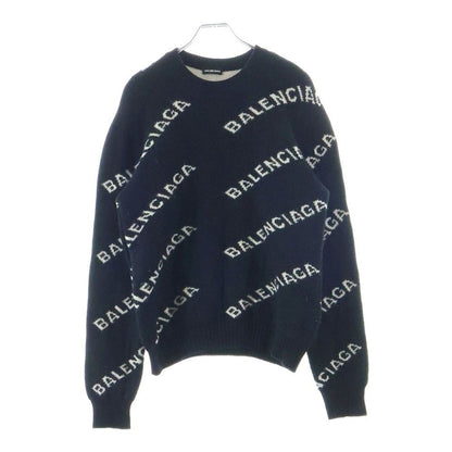Balenciaga Logo Allover Crew Neck Knit Sweater Black