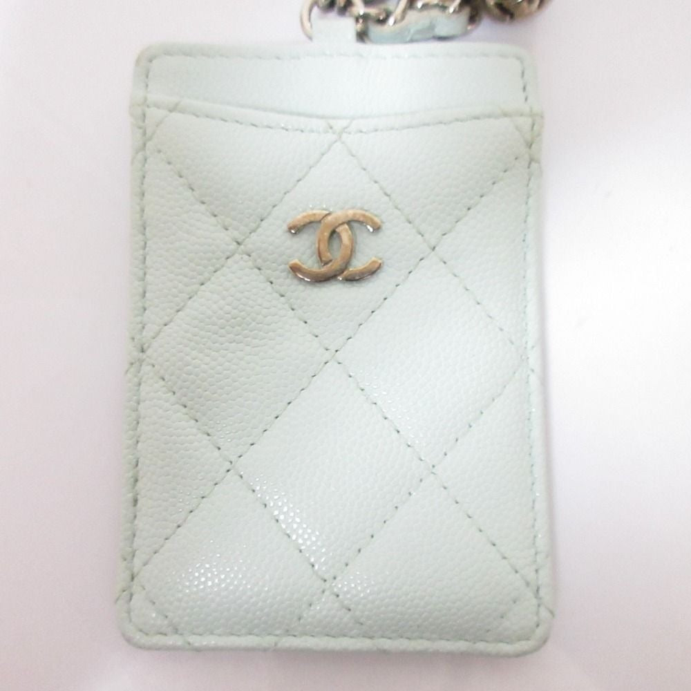 Chanel Caviar Leather Quilted Key Ring Chain Pass Case Light Blue