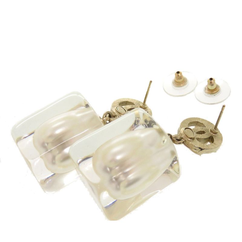 Chanel Coco Mark Faux Pearl Plastic Stone Gold Earrings 0563 Chanel