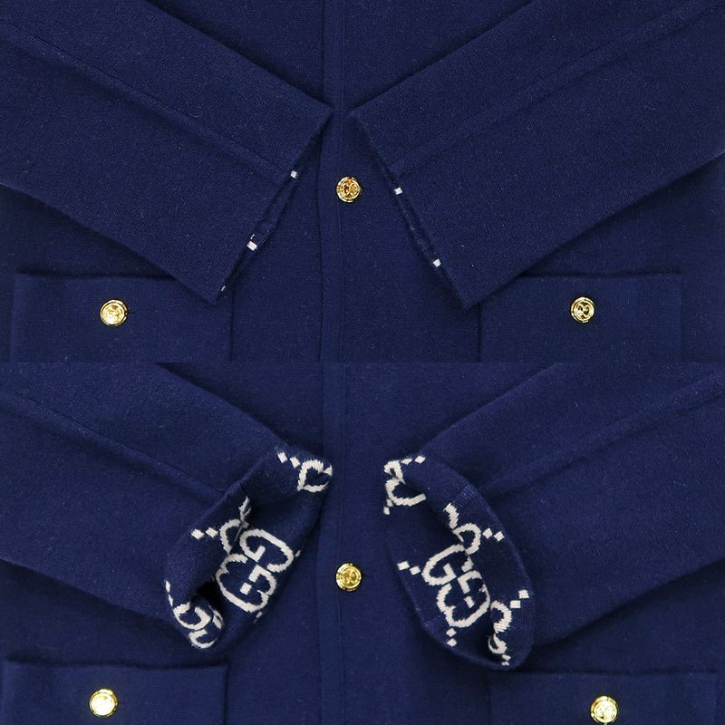 Gucci GG Jacquard Reversible Casual Digan S Navy- 773902 Gold Button