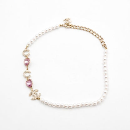 Chanel Necklace Pendant Choker White Gold Pink Here Mark Heart Stone
