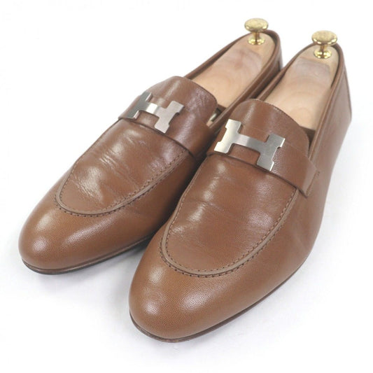Hermes Leather Constance H Logo Silver Moccasins Loafers Flat Shoes Brown 46