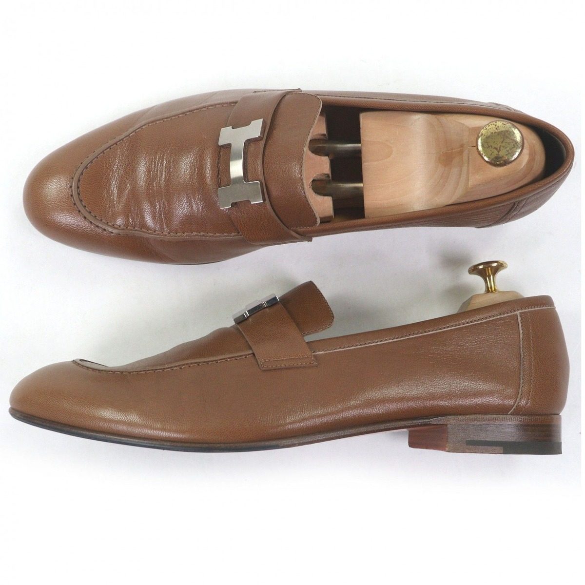 Hermes Leather Constance H Logo Silver Moccasins Loafers Flat Shoes Brown 46 — view 4