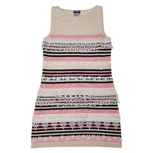 Chanel Coco Button Sleeveless Knit Dress 38 Multicolor Pink Beige