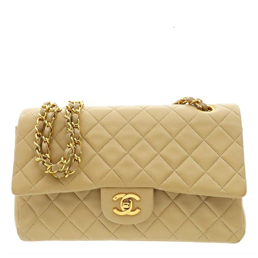 Chanel Quilted 25 Double Flap Chain Vintage Shoulder Bag Beige Gold Lambskin